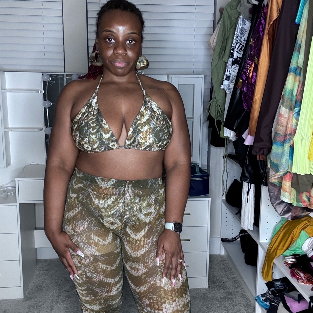 Olive Snake-Print Halter Bikini Top and High-Waist Bottoms